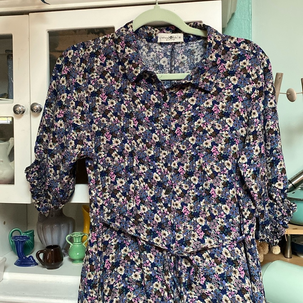 NATURAL LIFE Blue and White Polo Collar Cuffed Sleeve Dress